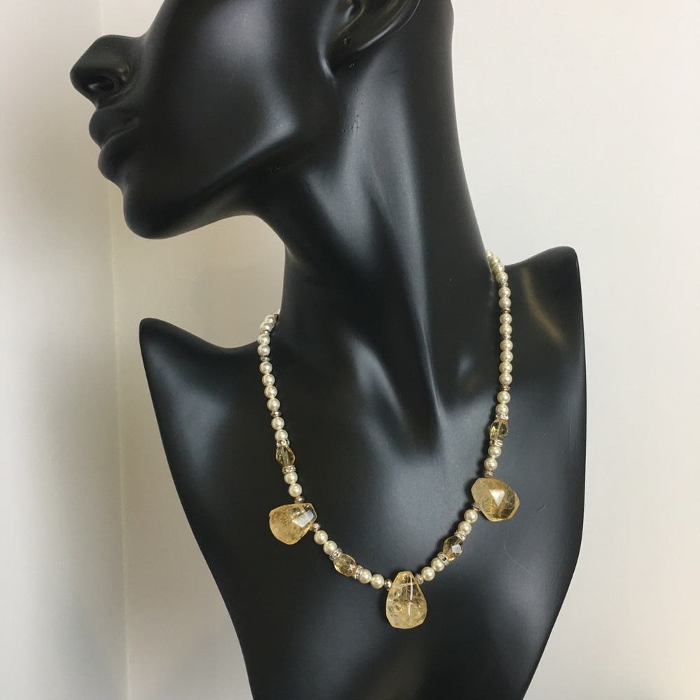 Genuine Citrine Swarovski Pearls Crystals Sterling Silver Necklace Women's 18in - Picture 3 of 5
